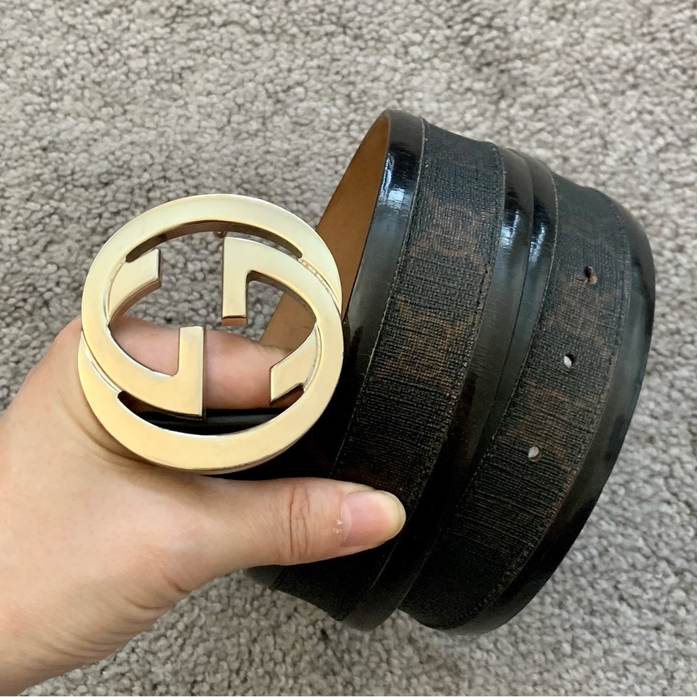 Authentic GUCCI unisex dark brown monogram belt with golden buckle 34”